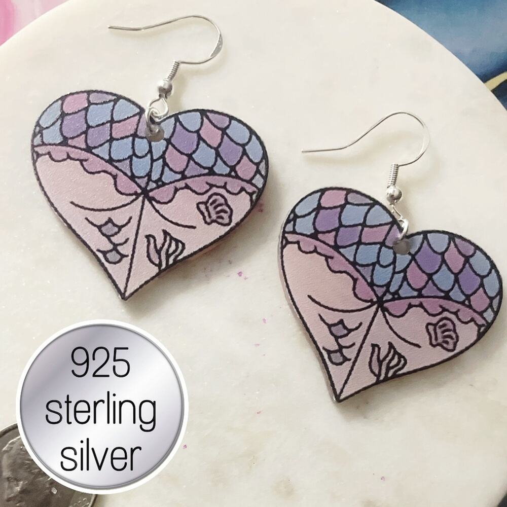Heart shaped butt mermaid theme 925 sterling silver earrings